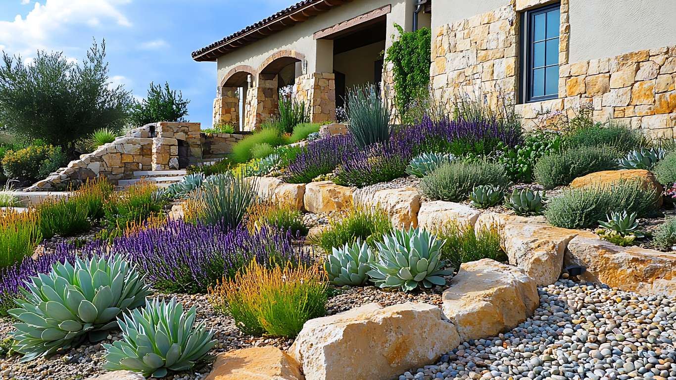 Jardín de xerojardinería con plantas mediterráneas, grava y aromáticas, diseñado para lograr un mínimo consumo de agua y un paisaje sostenible.