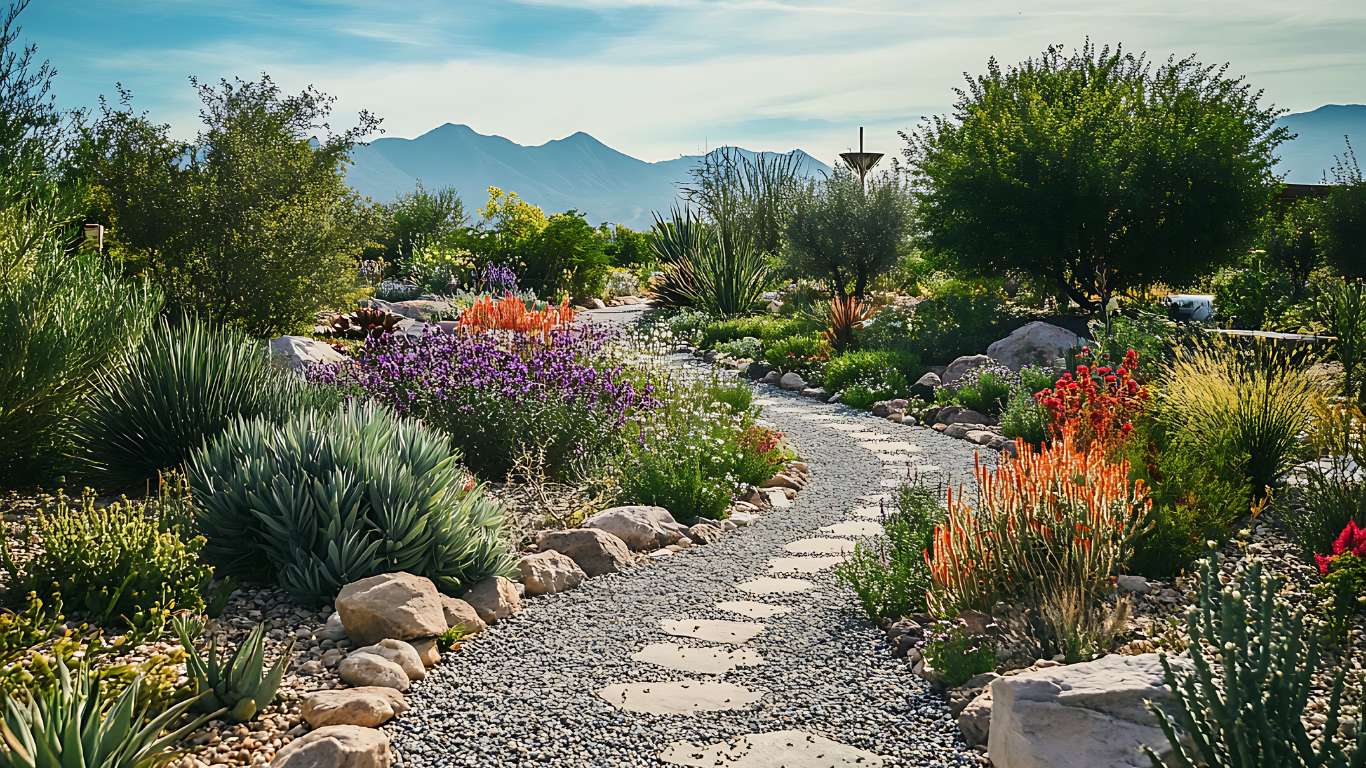 Jardín mediterráneo en Cataluña con lavanda, romero, madroños y encinas, diseñado con plantas autóctonas de bajo mantenimiento y alto valor ecológico.