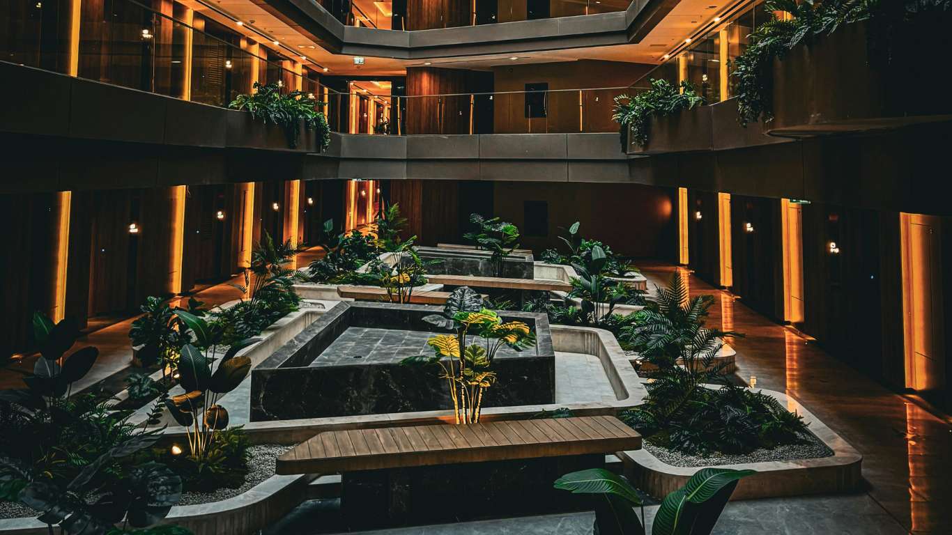 Vista de los jardines y la piscina de un hotel, con césped, palmeras y zonas de descanso bien mantenidas, vistos desde la perspectiva de un gerente.