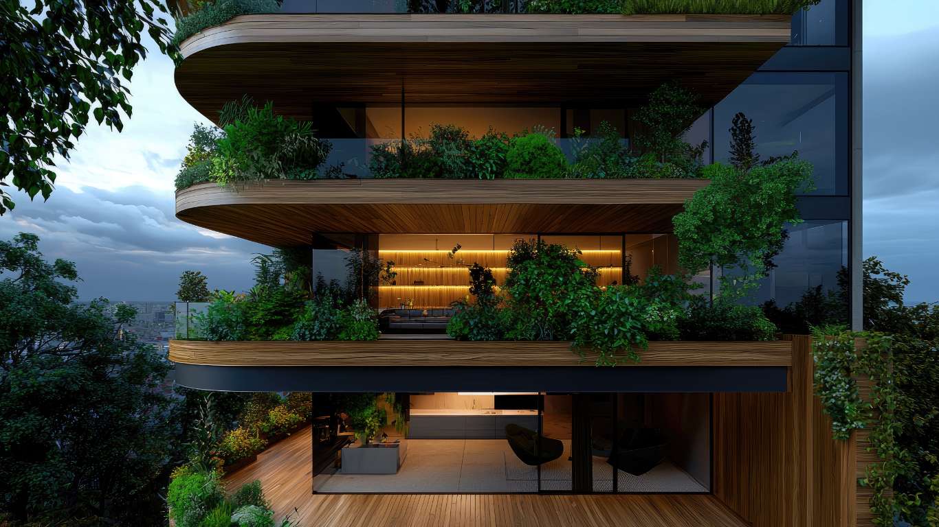 Jardín verde y cuidado en primavera, verano, otoño e invierno, mostrando un espacio exterior perfecto durante todo el año.