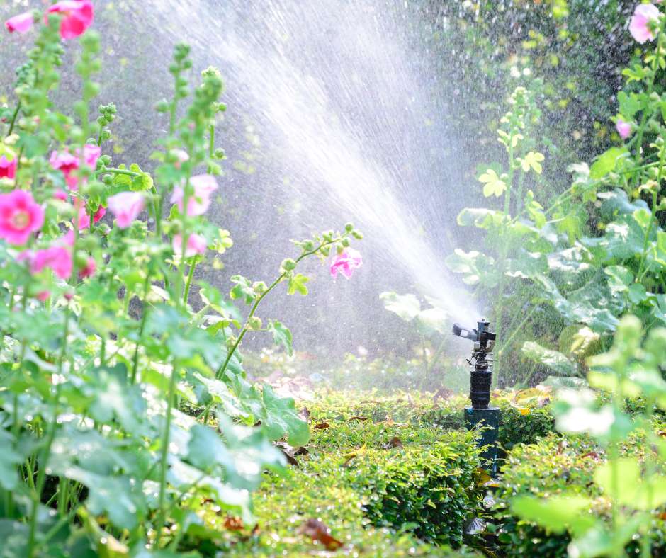 Detalle de un jardín con sistema de riego automático por goteo y aspersores, mostrando agua regando de forma uniforme y eficiente el césped y los parterres.