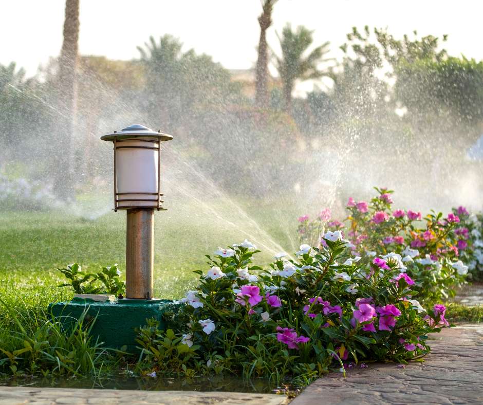 Mano midiendo con una regla el agua recogida en una lata en el césped para calcular cuánta agua aporta el riego y ajustar el consumo del jardín.